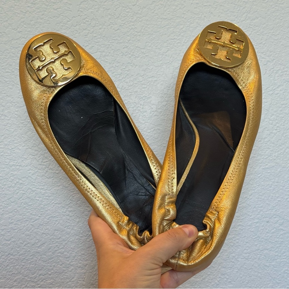Tory Burch Metallic Gold Logo Reva Scrunch Ballet Flats